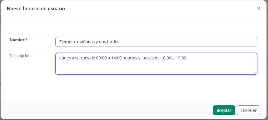 Nueva plantilla con nombre y descripción del horario semanal.