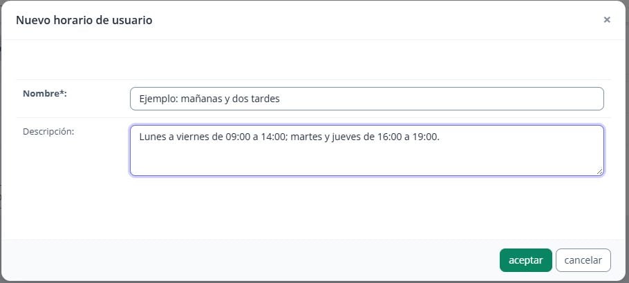 Nueva plantilla con nombre y descripción del horario semanal.