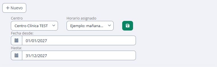 Formulario de asignación de una plantilla al profesional durante 2027.