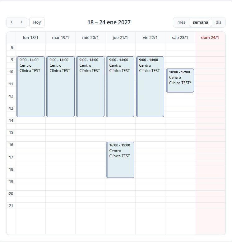 Semana del 18 al 24 de enero con una tarde retirada y disponibilidad extra el sábado.