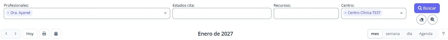 Filtros del calendario y botón para generar citas sin paciente.