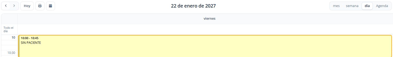 Cita sin paciente generada en el calendario del 22 de enero.