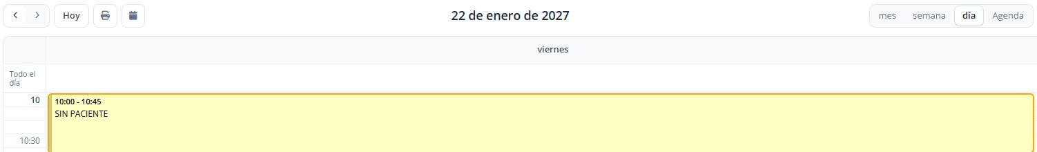 Cita sin paciente generada en el calendario del 22 de enero.