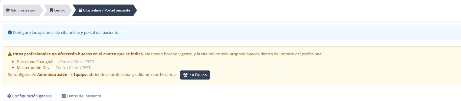 Entrada de configuración del portal con un aviso de profesionales sin horario vigente.