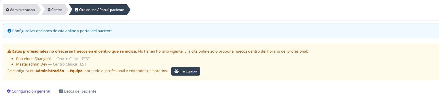 Entrada de configuración del portal con un aviso de profesionales sin horario vigente.