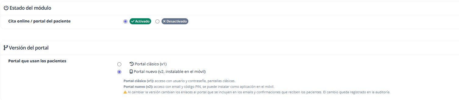 Activación del módulo y selección del portal nuevo.