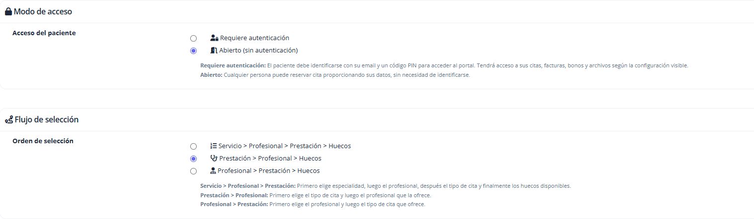 Opciones de acceso abierto o con identificación y los tres recorridos de reserva.