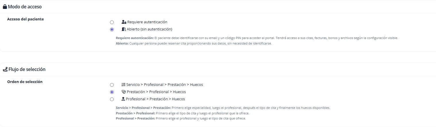 Opciones de acceso abierto o con identificación y los tres recorridos de reserva.