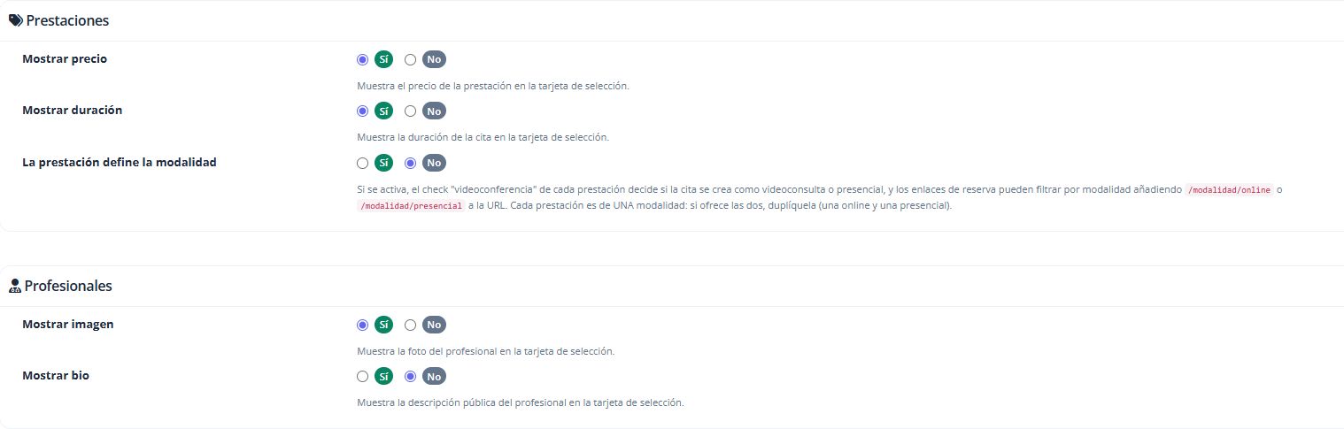 Ajustes de precio, duración, modalidad, imagen y biografía.