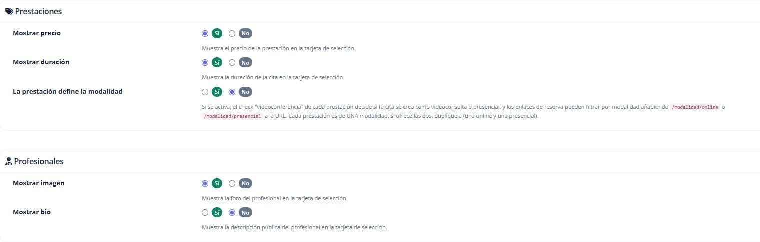 Ajustes de precio, duración, modalidad, imagen y biografía.