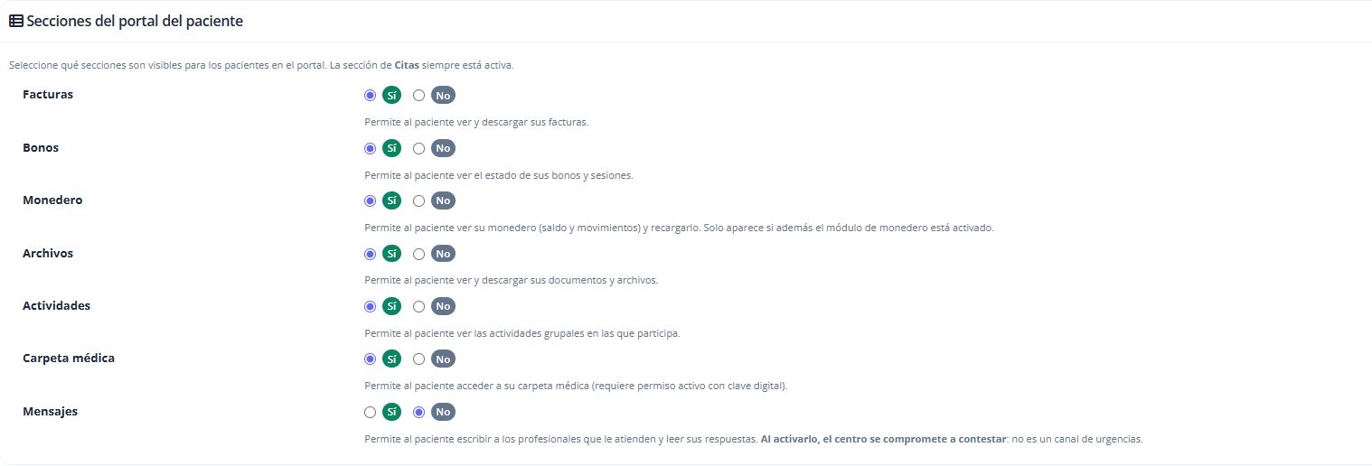 Secciones Facturas, Bonos, Monedero, Archivos, Actividades, Carpeta médica y Mensajes.