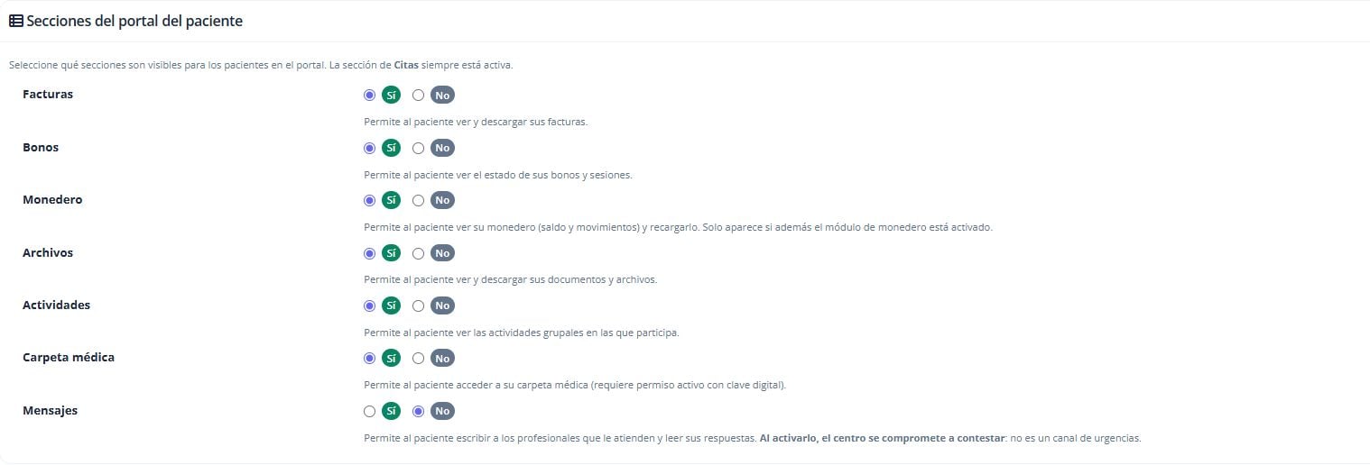 Secciones Facturas, Bonos, Monedero, Archivos, Actividades, Carpeta médica y Mensajes.