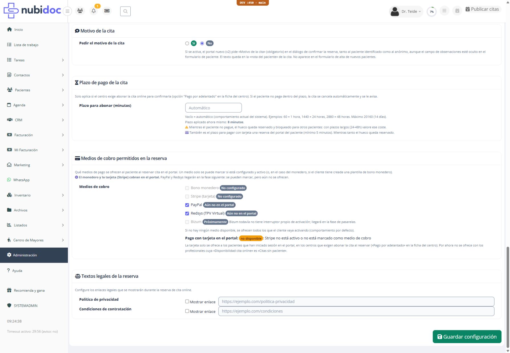 Plazo para abonar y medios de cobro, con la explicación de disponibilidad de tarjeta.