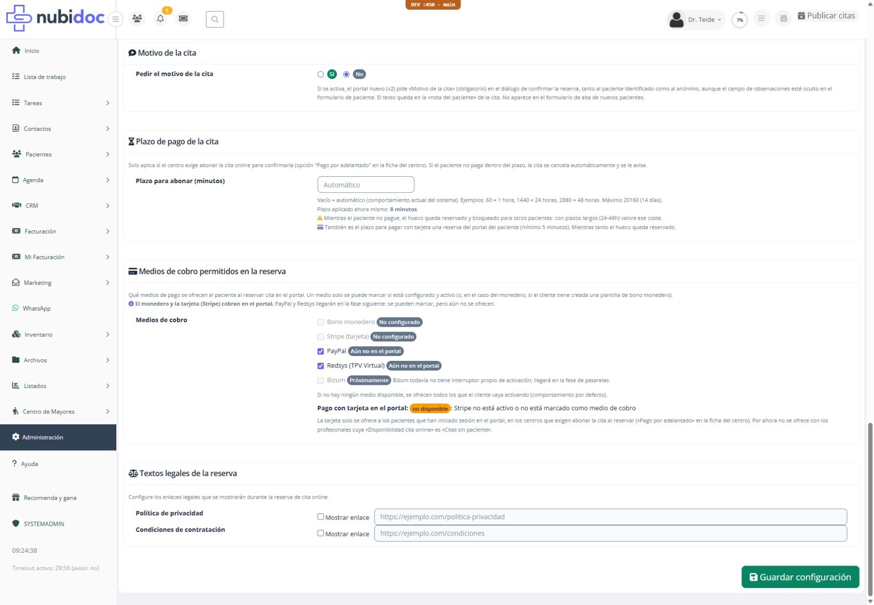 Plazo para abonar y medios de cobro, con la explicación de disponibilidad de tarjeta.