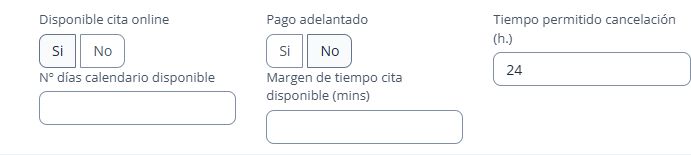 Disponible cita online, días de calendario, pago adelantado, margen y plazo de cancelación.