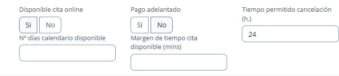 Disponible cita online, días de calendario, pago adelantado, margen y plazo de cancelación.