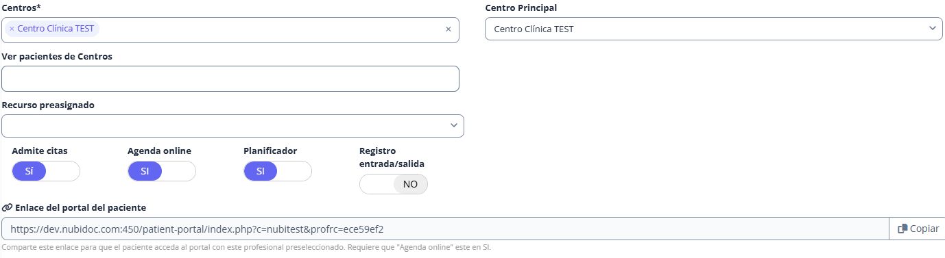 Centros asignados al profesional e interruptores Admite citas y Agenda online.