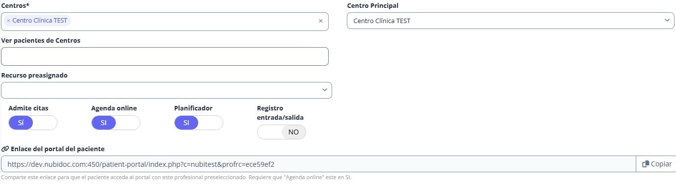 Centros asignados al profesional e interruptores Admite citas y Agenda online.