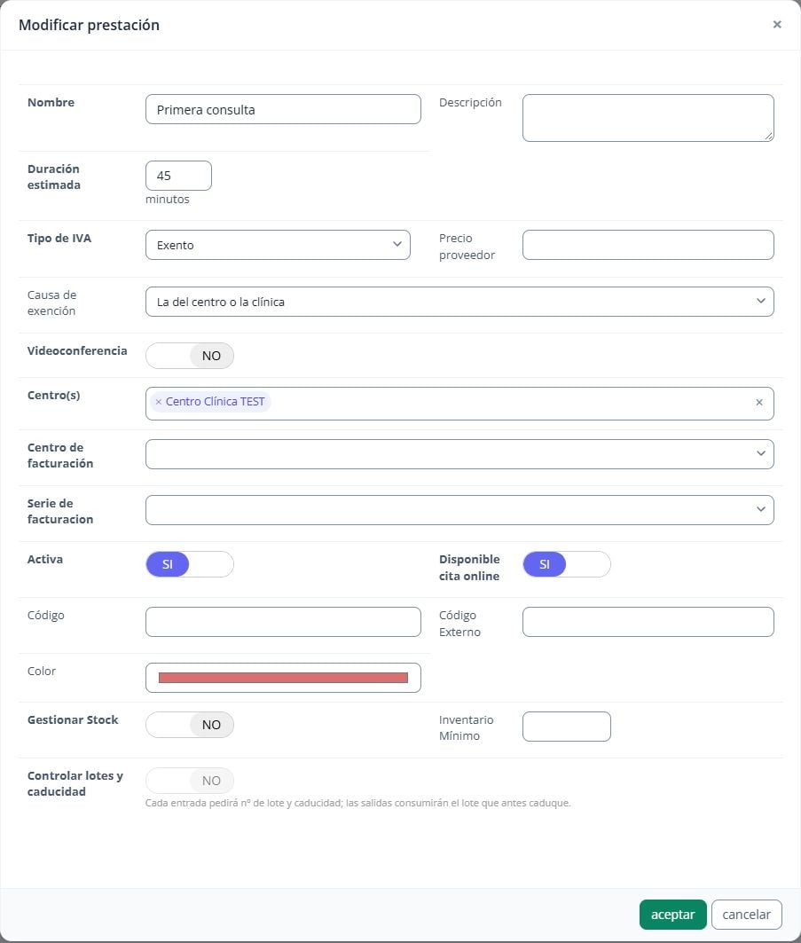 Ficha de Primera consulta con duración, centro y disponibilidad de cita online.
