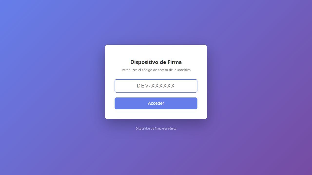 Pantalla Dispositivo de Firma con el campo de código vacío y el botón Acceder