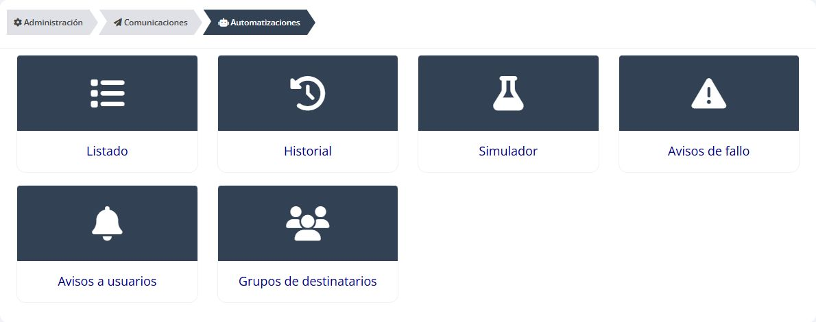 Panel con Listado, Historial, Simulador y opciones de avisos