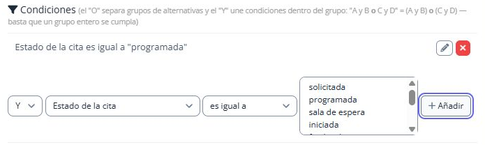Condición guardada Estado de la cita es igual a programada