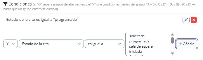Condición guardada Estado de la cita es igual a programada