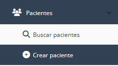 Menú Pacientes con la opción Crear paciente