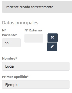 Ficha guardada con el número del paciente y confirmación de creación