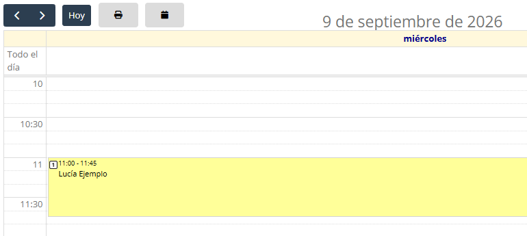 Cita guardada en el calendario en el horario elegido