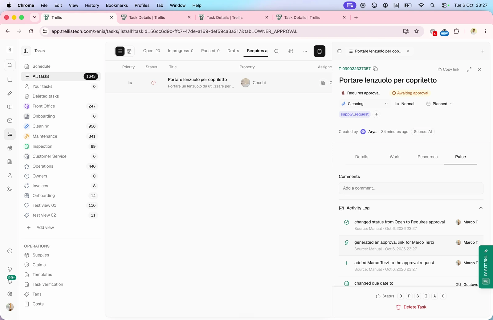 Activity, comments and task links — screen from the Trellis walkthrough