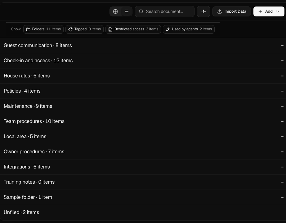 AI Hub knowledge folders in dark mode