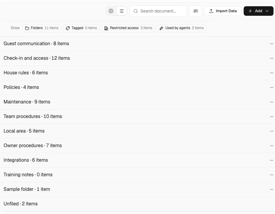 AI Hub knowledge folders organized by guest communication, access, policies, maintenance, and team procedures