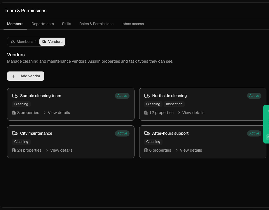 Trellis Vendors page in dark mode with sample vendors