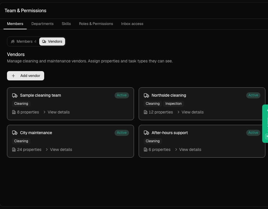 Trellis Vendors page in dark mode with sample vendors