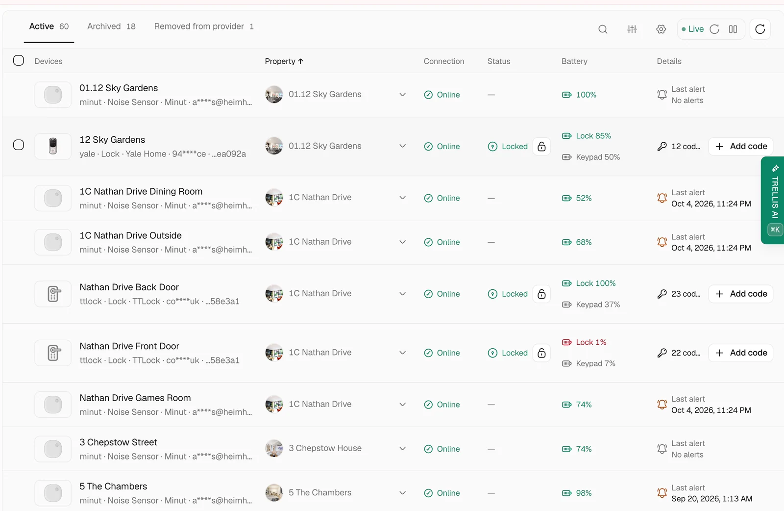 Smart Devices list showing property assignments, online status, lock and keypad battery levels, and Add code controls