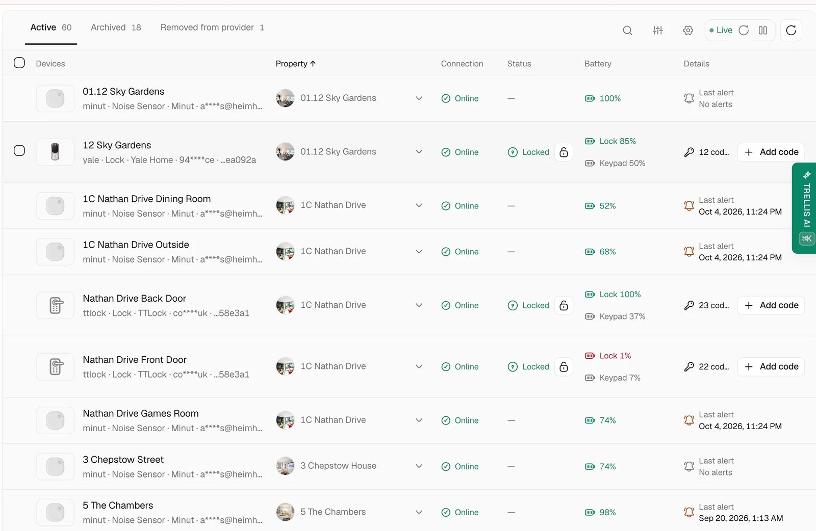 Smart Devices list showing property assignments, online status, lock and keypad battery levels, and Add code controls