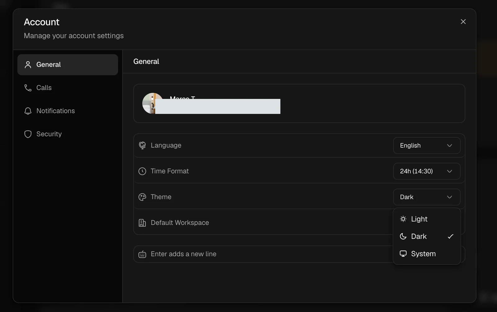 Account General tab with Language, Time Format, Theme, and Default Workspace preferences