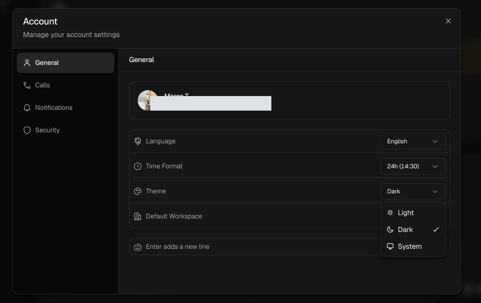 Account General tab with Language, Time Format, Theme, and Default Workspace preferences