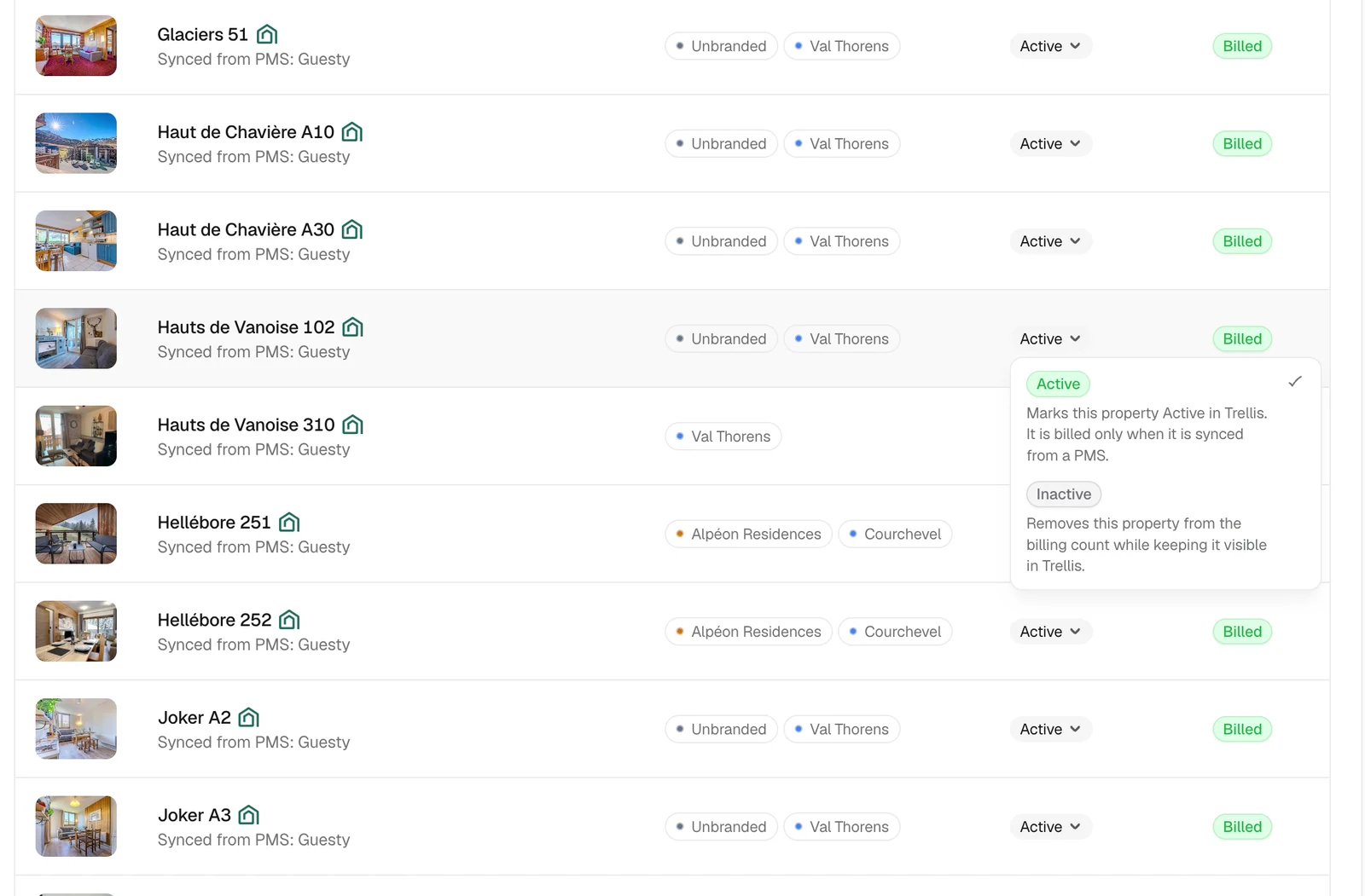 Billing property list with the Active and Inactive options open for one property