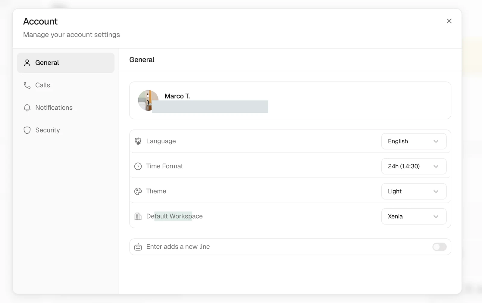 Account General tab showing the Enter adds a new line switch
