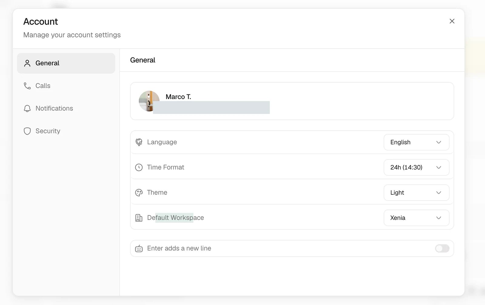 Account General tab showing the Enter adds a new line switch
