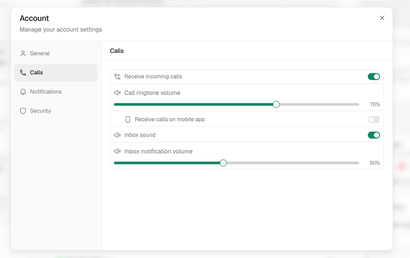Account Calls tab showing incoming calls, mobile calls, ringtone volume, and Inbox sound controls