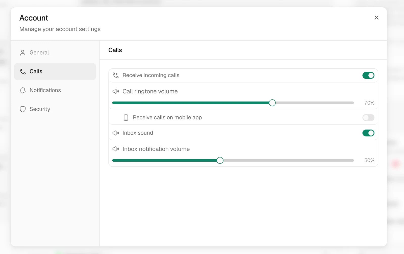 Account Calls tab showing incoming calls, mobile calls, ringtone volume, and Inbox sound controls