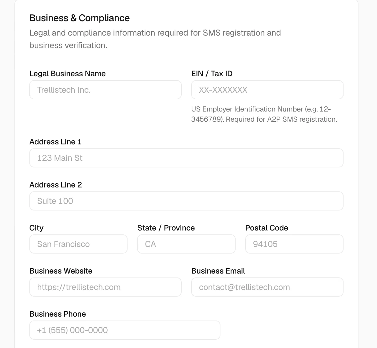 Business and Compliance fields for legal business name, tax ID, address, website, email, and phone