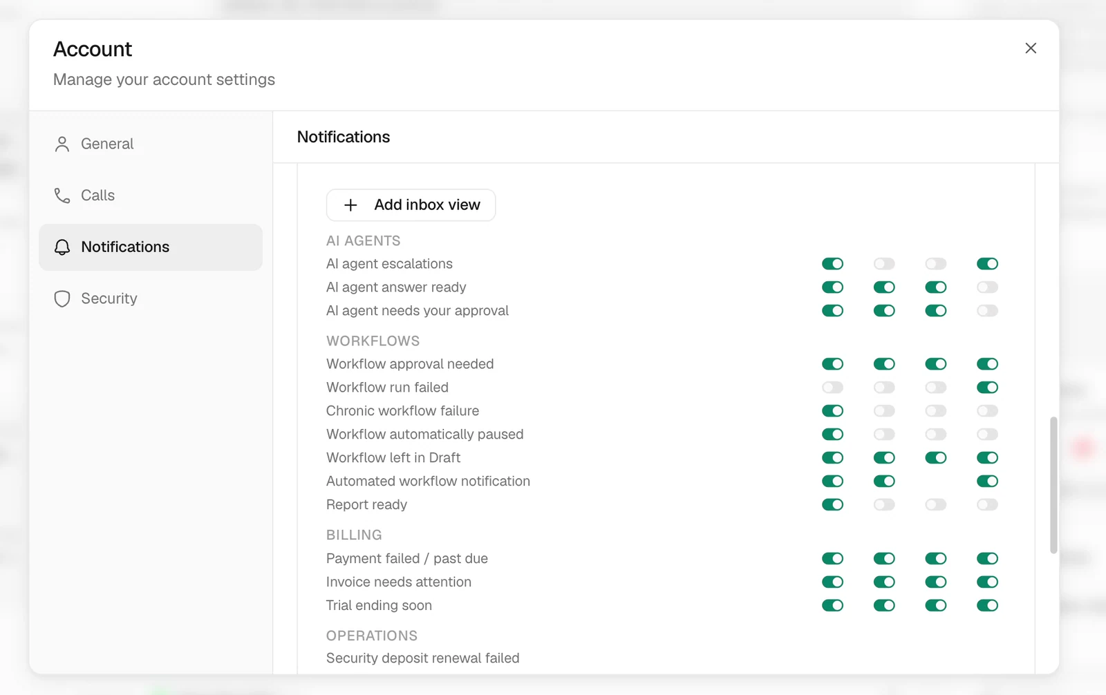 Account Notifications tab with individual switches for AI, workflow, and billing alerts