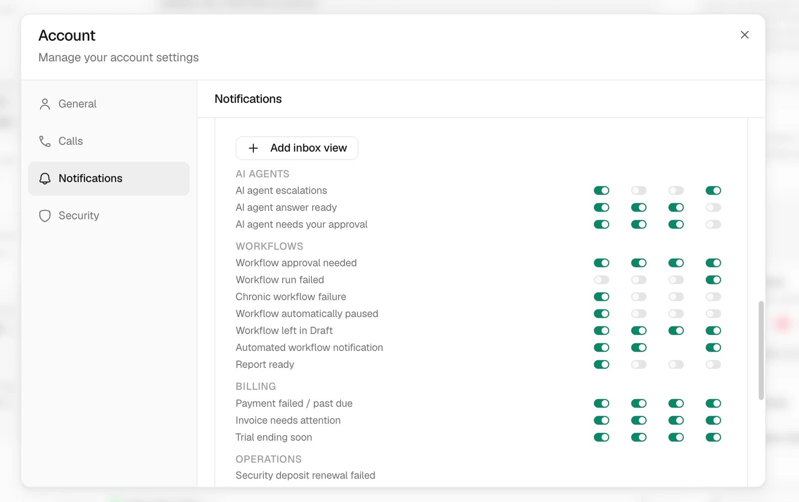 Account Notifications tab with individual switches for AI, workflow, and billing alerts