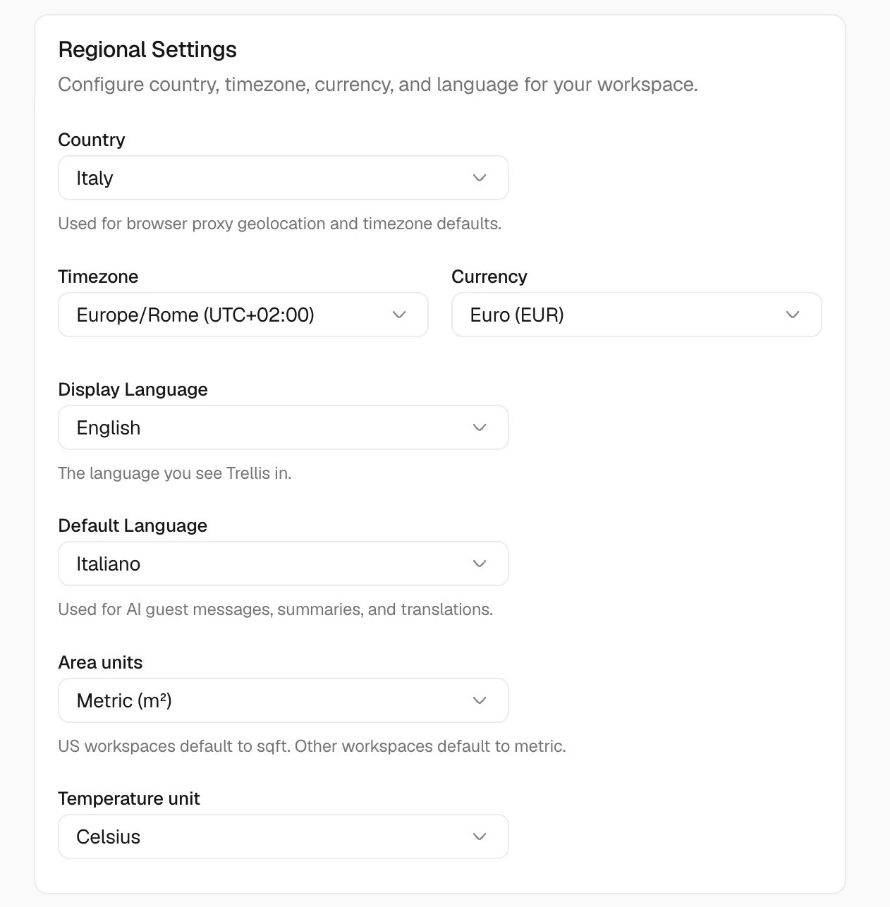 Regional Settings with country, time zone, currency, display language, default language, and measurement units