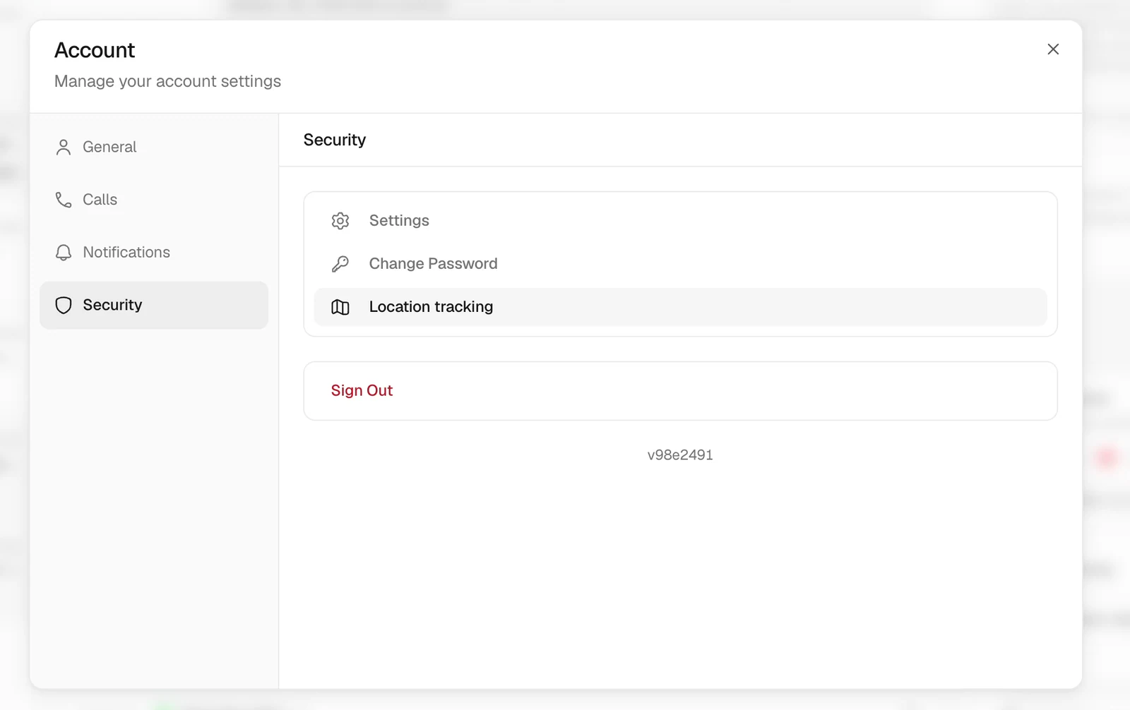 Account Security tab with Settings, Change Password, Location tracking, and Sign Out