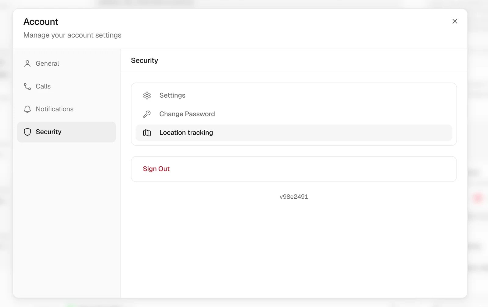 Account Security tab with Settings, Change Password, Location tracking, and Sign Out